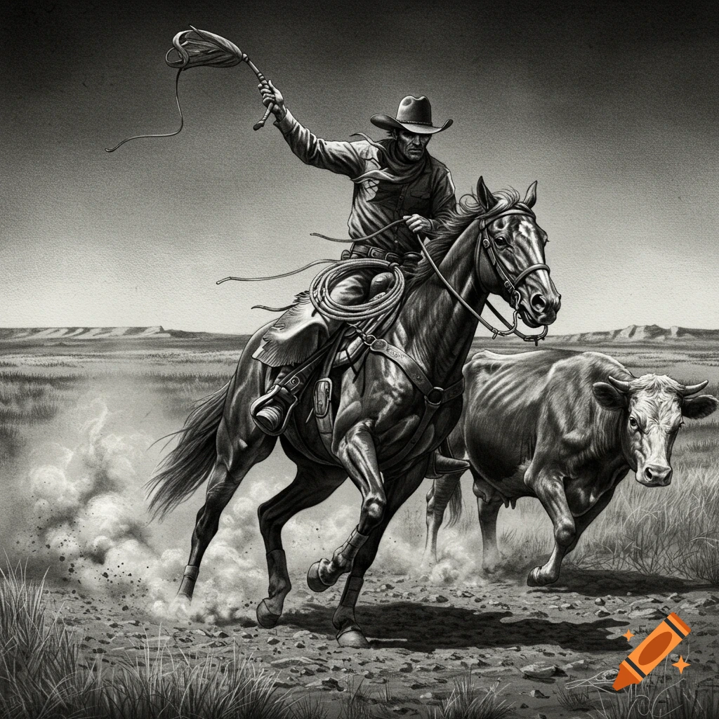 Grayscale drawing of a cowboy on a horse, holding a whip and chasing a cow across a dusty plain.