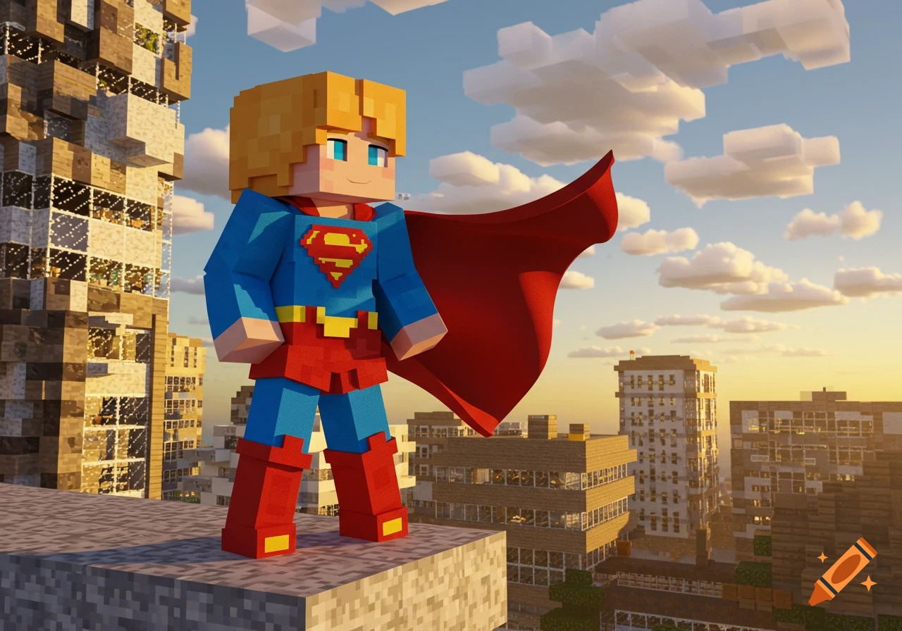 A blocky Minecraft character, dressed as Supergirl with a red cape, stands on a city rooftop at sunset.