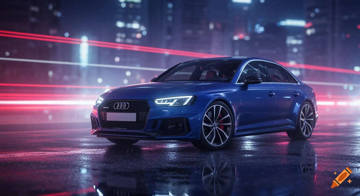 A blue Audi RS4 car is parked on a wet street at night, with city lights and red light trails in the background, in a photorealistic style.