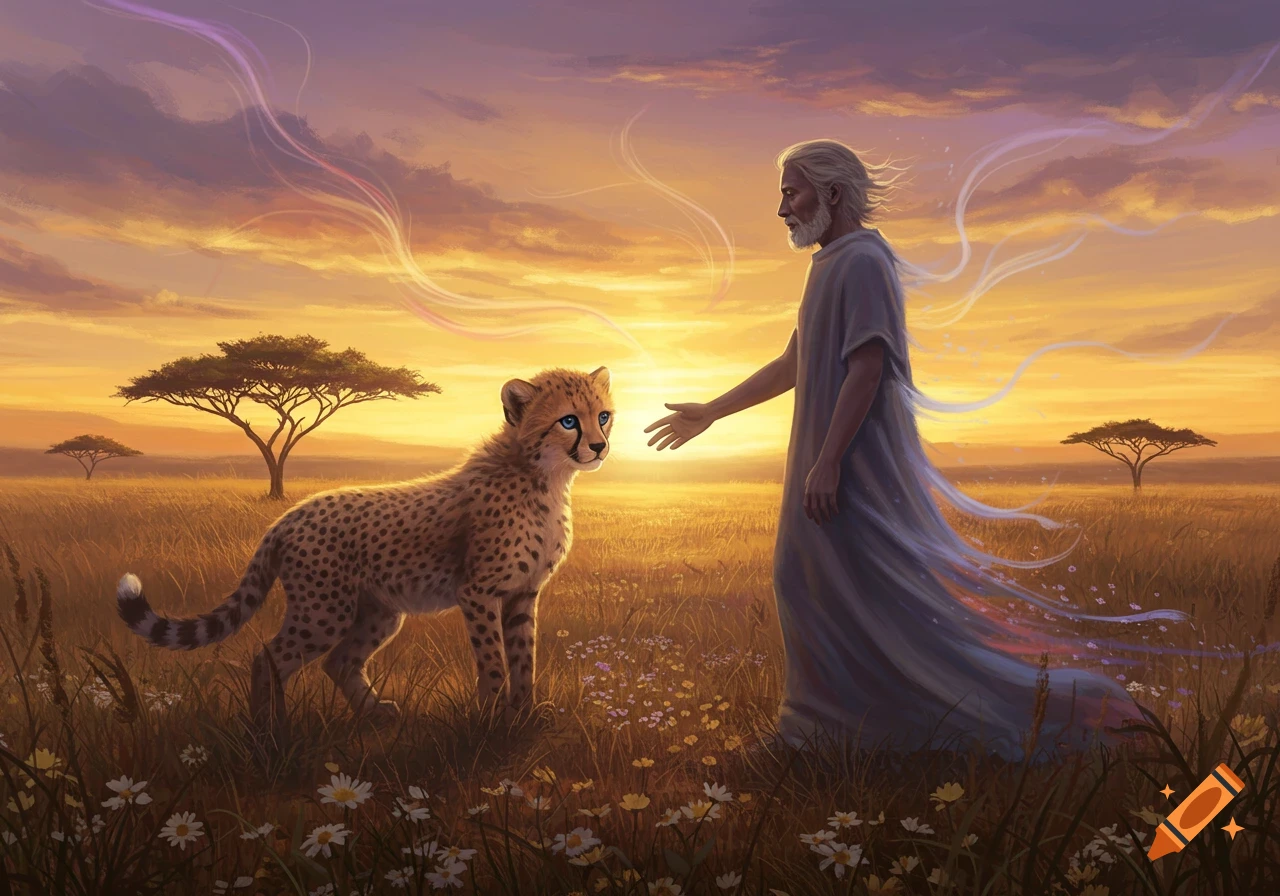 An old man reaches out to a blue-eyed cheetah in a golden savanna at sunset, with ethereal wisps.