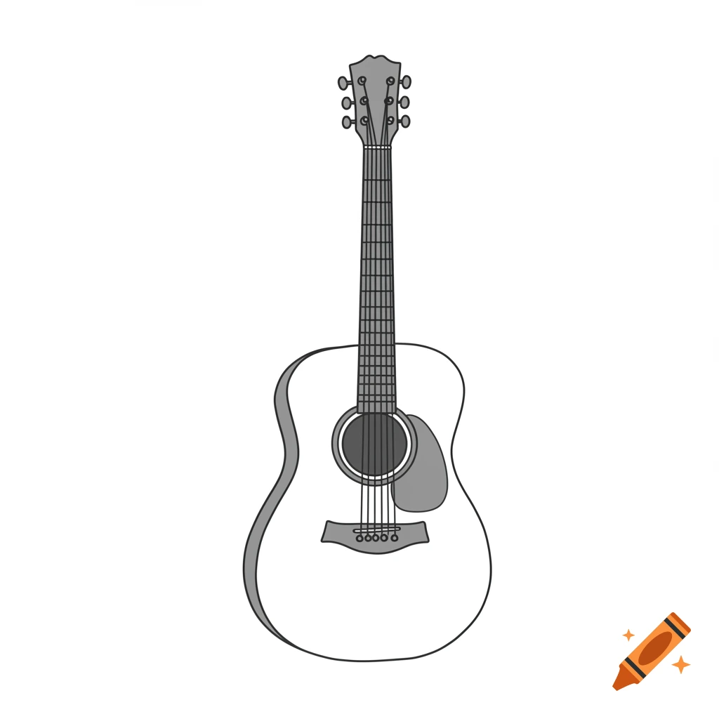 A simple, black and white line art illustration of an acoustic guitar, resembling a sticker.