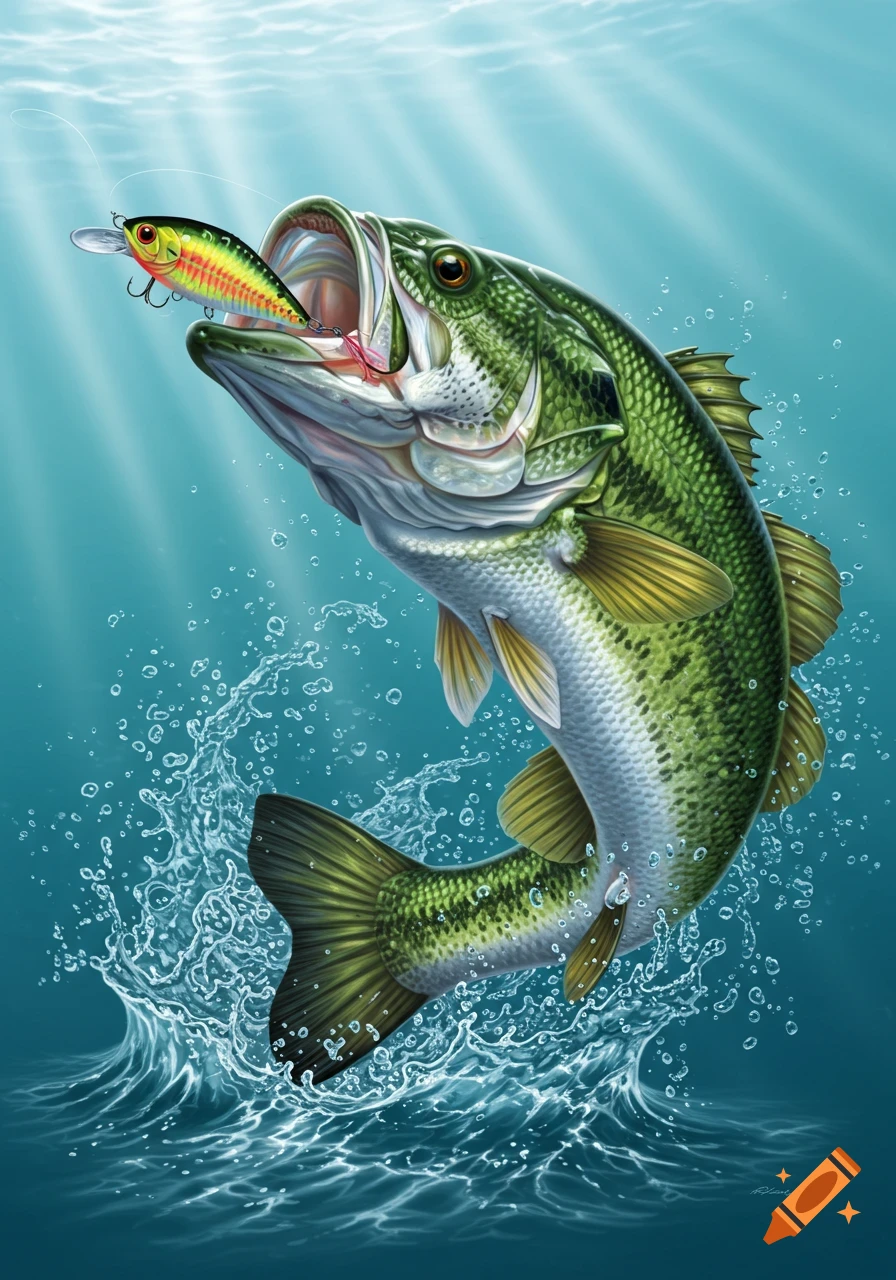 A detailed illustration of a large bass leaping out of blue water with a colorful fishing lure in its mouth, surrounded by splashes.