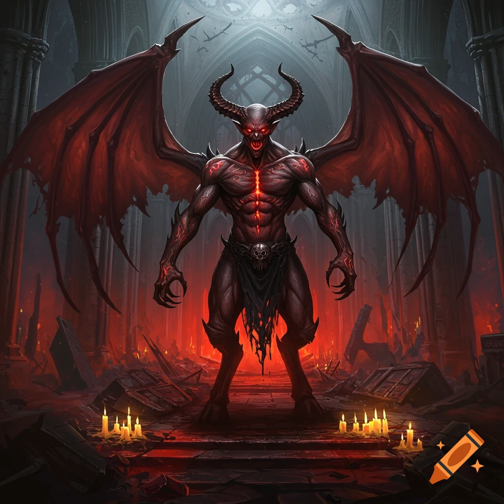 A formidable horned demon with large red wings and glowing eyes stands amidst fiery ruins and lit candles in a dark, gothic setting.