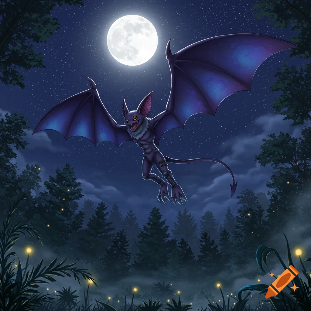 A bat-like creature with large purple wings and sharp claws flies under a full moon in a dark forest with glowing fireflies.