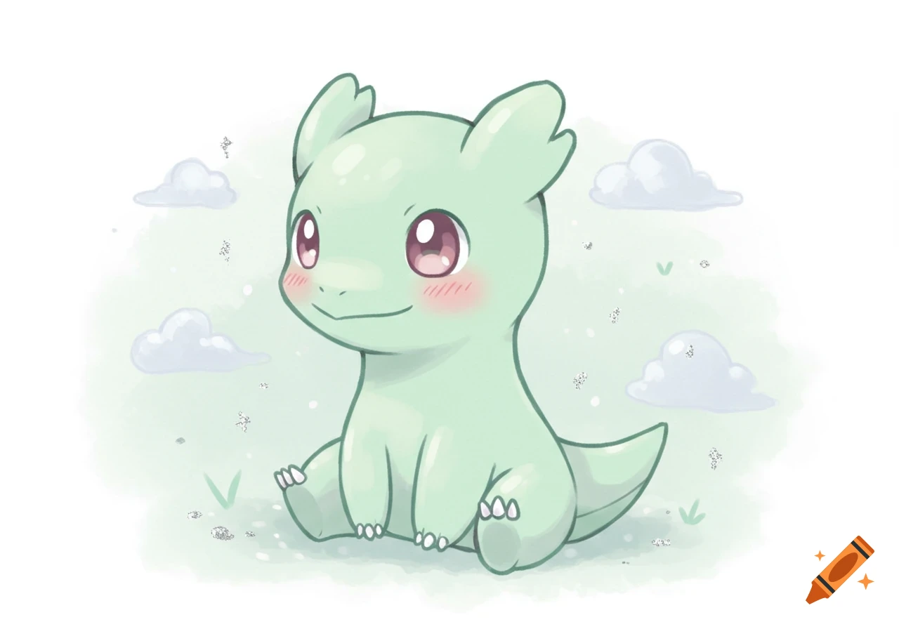 A cute, light green chibi Larvitar-like creature with rosy cheeks sits smiling in a pastel grassy field with clouds.