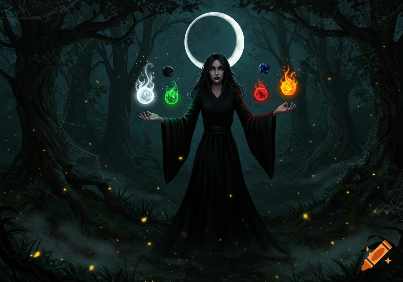 A dark-haired sorceress in a black gown stands in a misty forest, holding six glowing elemental orbs under a crescent moon.