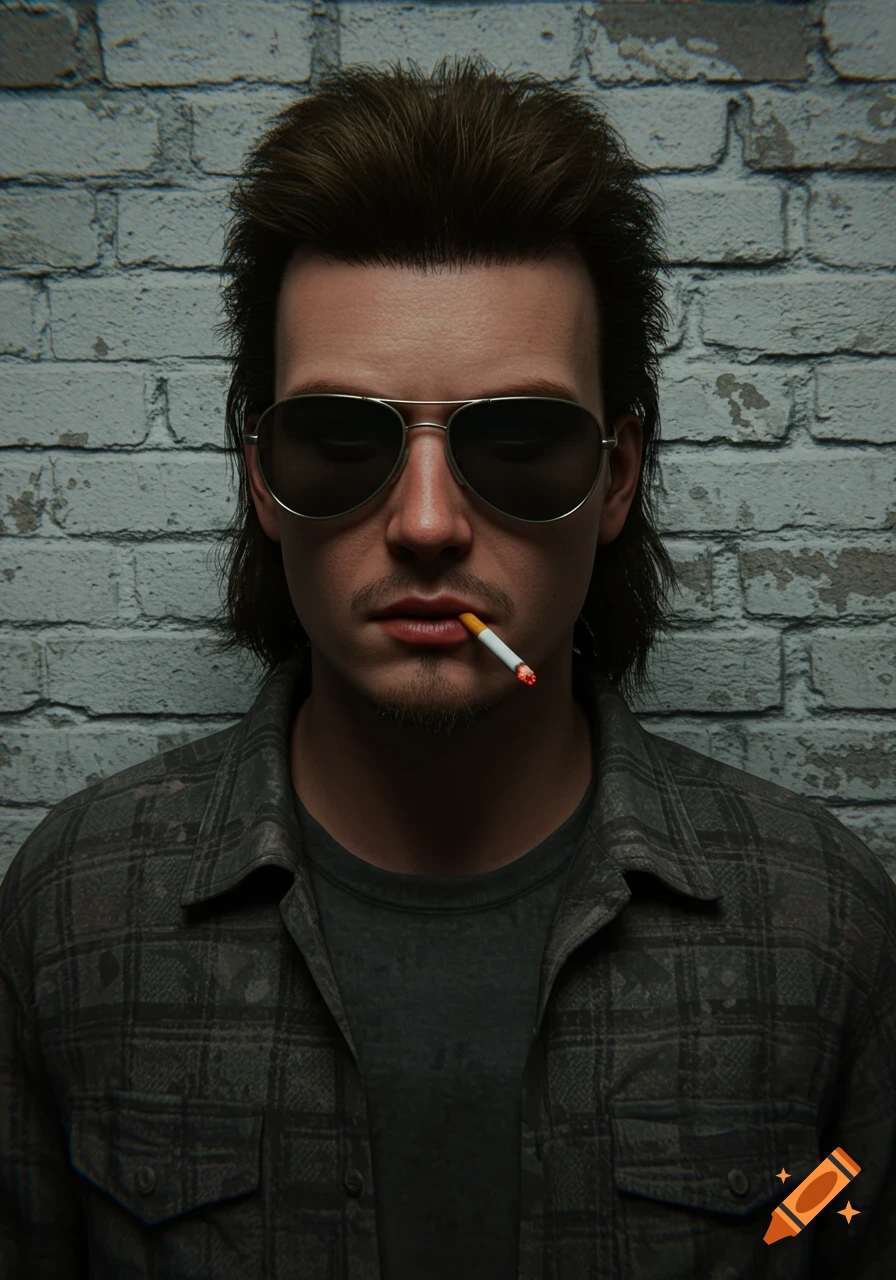 A man with a mullet, aviator sunglasses, and flannel shirt with a cigarette against a brick wall, in a gritty video game art style.