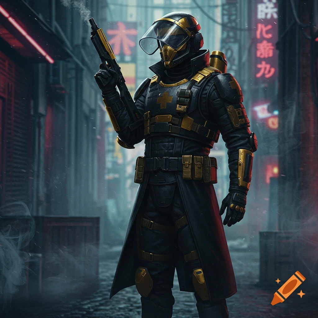A person in black and gold cyberpunk riot gear with a helmet and visor holds a dart pistol in a neon-lit alley.