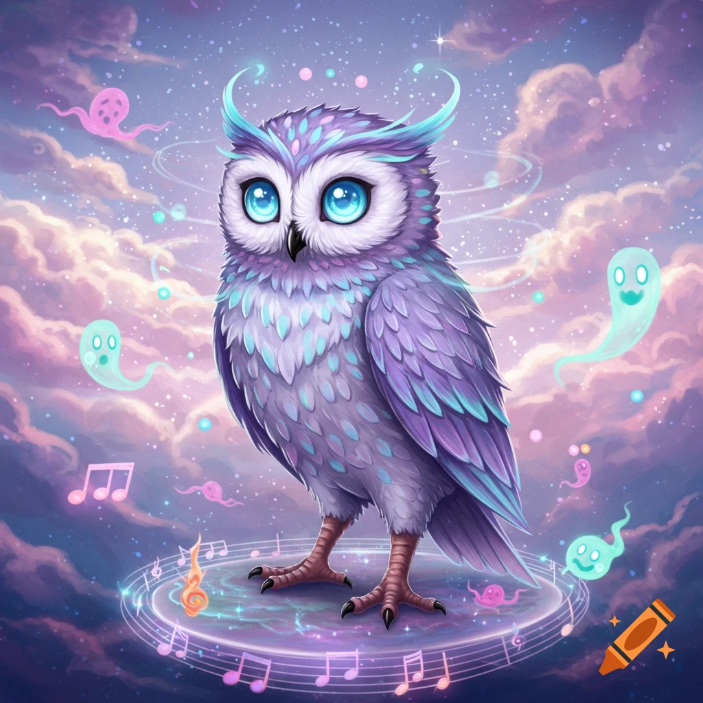 A whimsical purple and blue owl with big blue eyes stands on a glowing musical platform with floating ghosts and notes in a dreamy, starry sky.