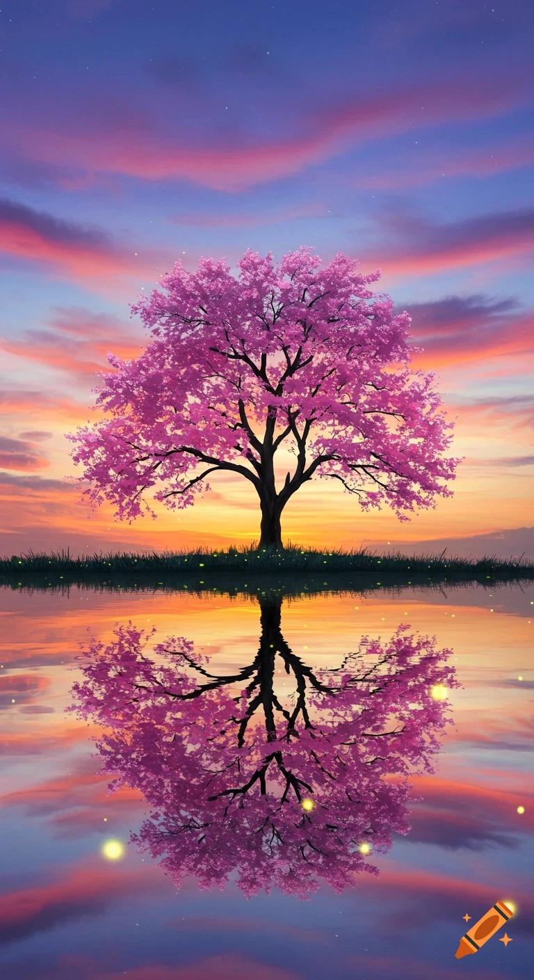 A vibrant illustration of a pink cherry blossom tree reflected perfectly in still water under a colorful sunset sky.
