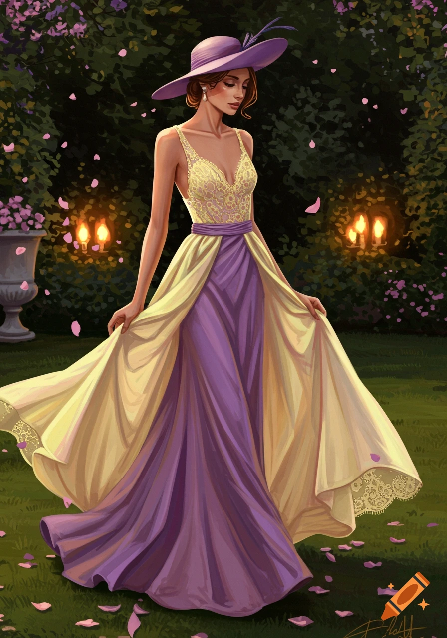 An elegant woman in a long purple and yellow gown and a wide-brimmed hat stands in a garden at dusk, surrounded by falling petals and glowing lanterns. Illustration style.