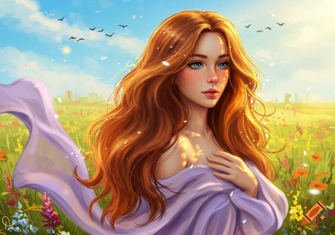 A vibrant digital painting of a woman with long red hair and blue eyes in a sunny field of wildflowers, with birds flying.