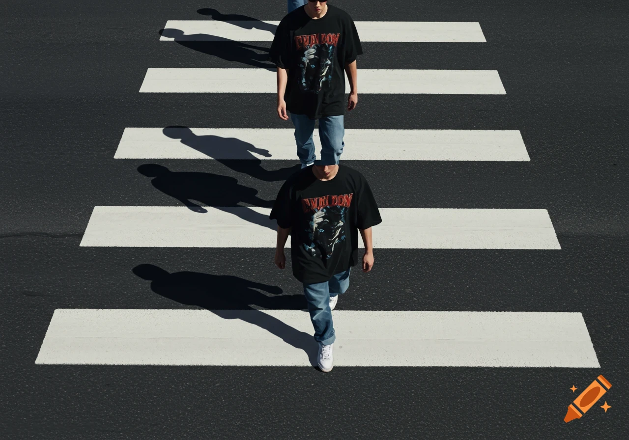 A person duplicated in streetwear walks across a zebra crossing on a sunny urban street from a high angle.