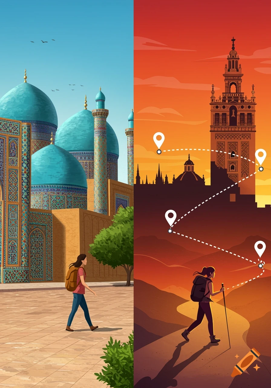 Stylized illustration of a woman's journey from a city with blue-domed mosques to a mountainous city with a tall tower, split scene.