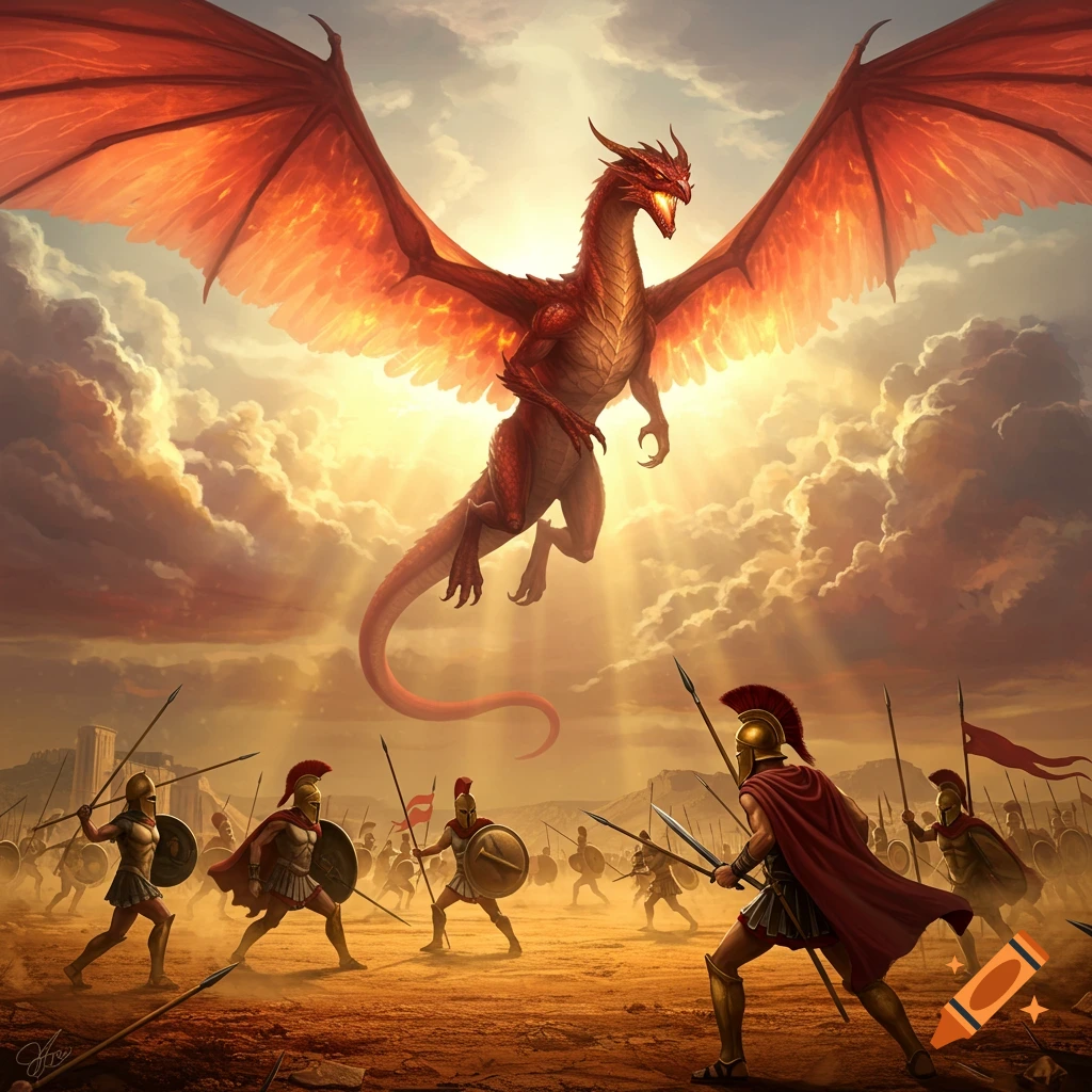 A large red dragon with fiery wings soars over an army of Spartan-like soldiers on a battlefield under a dramatic sky.