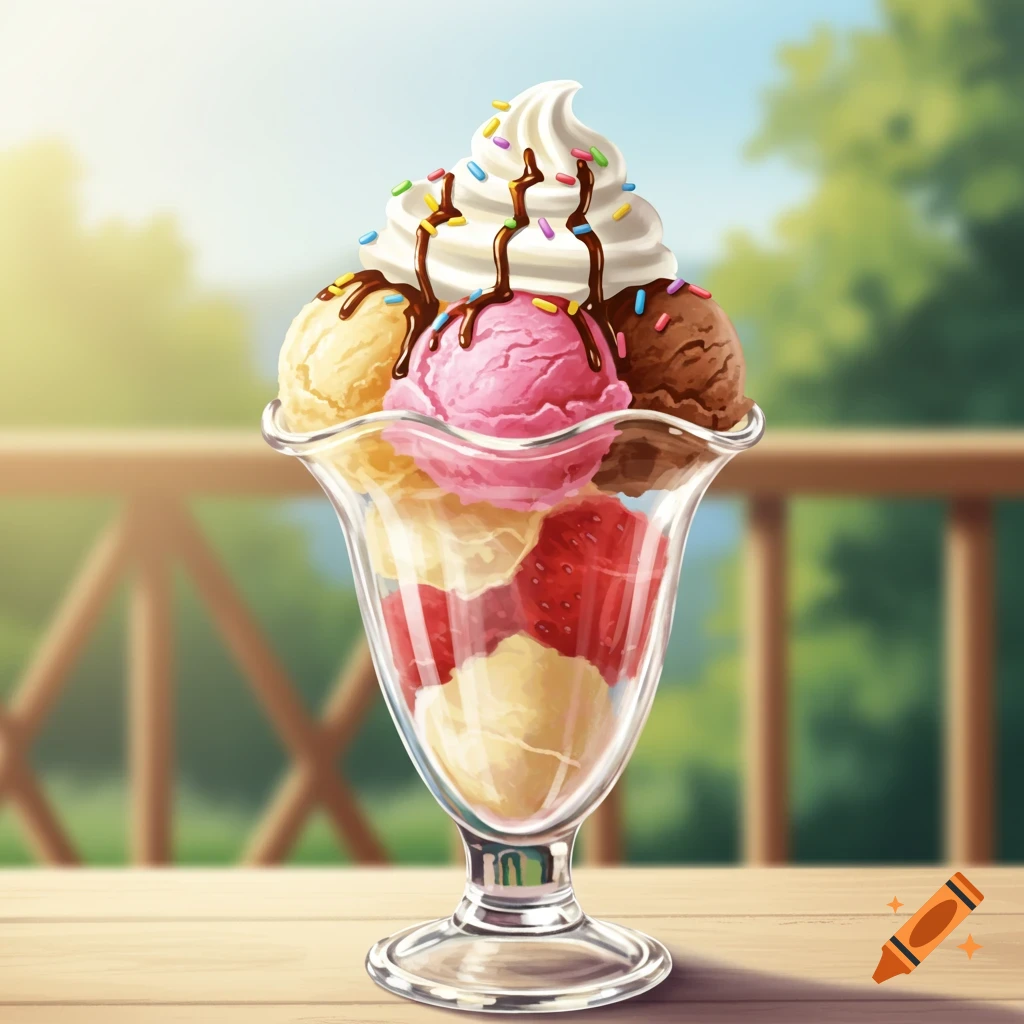 A colorful ice cream sundae with whipped cream, chocolate drizzle, and sprinkles in a glass dish on a wooden table outdoors.