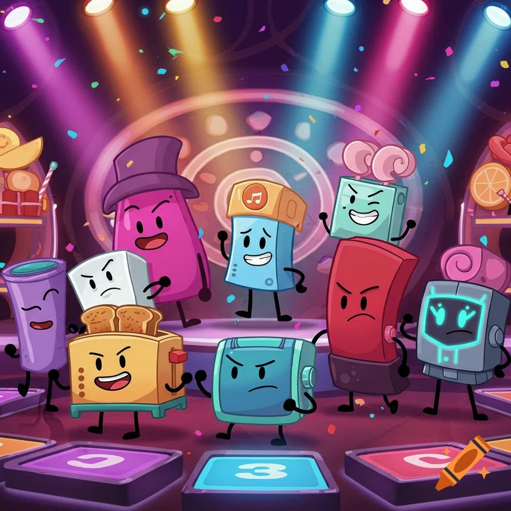 Cartoon objects with faces and limbs gathered on a stage with spotlights and confetti, seemingly in a game show contest.