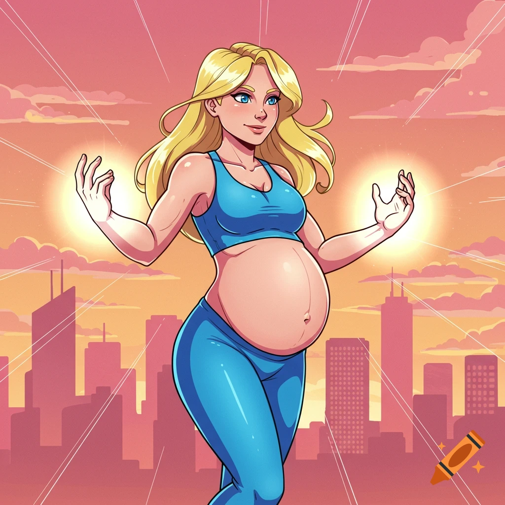 Cartoon of a pregnant blonde woman in a blue sports bra and leggings, with glowing hands, in front of a city at sunset.