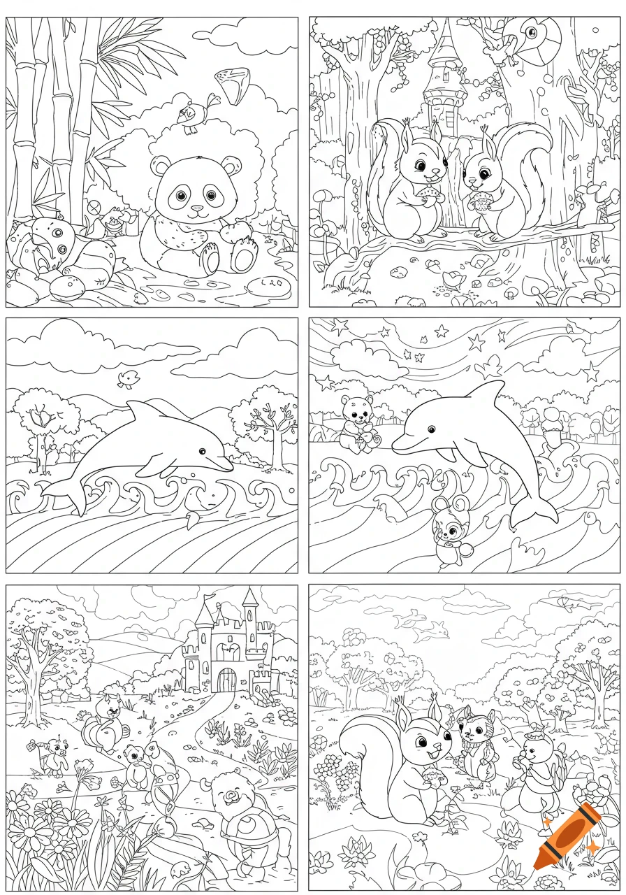 Six black and white cartoon coloring book pages with cute animals like pandas, squirrels, and dolphins in natural and fantasy settings.