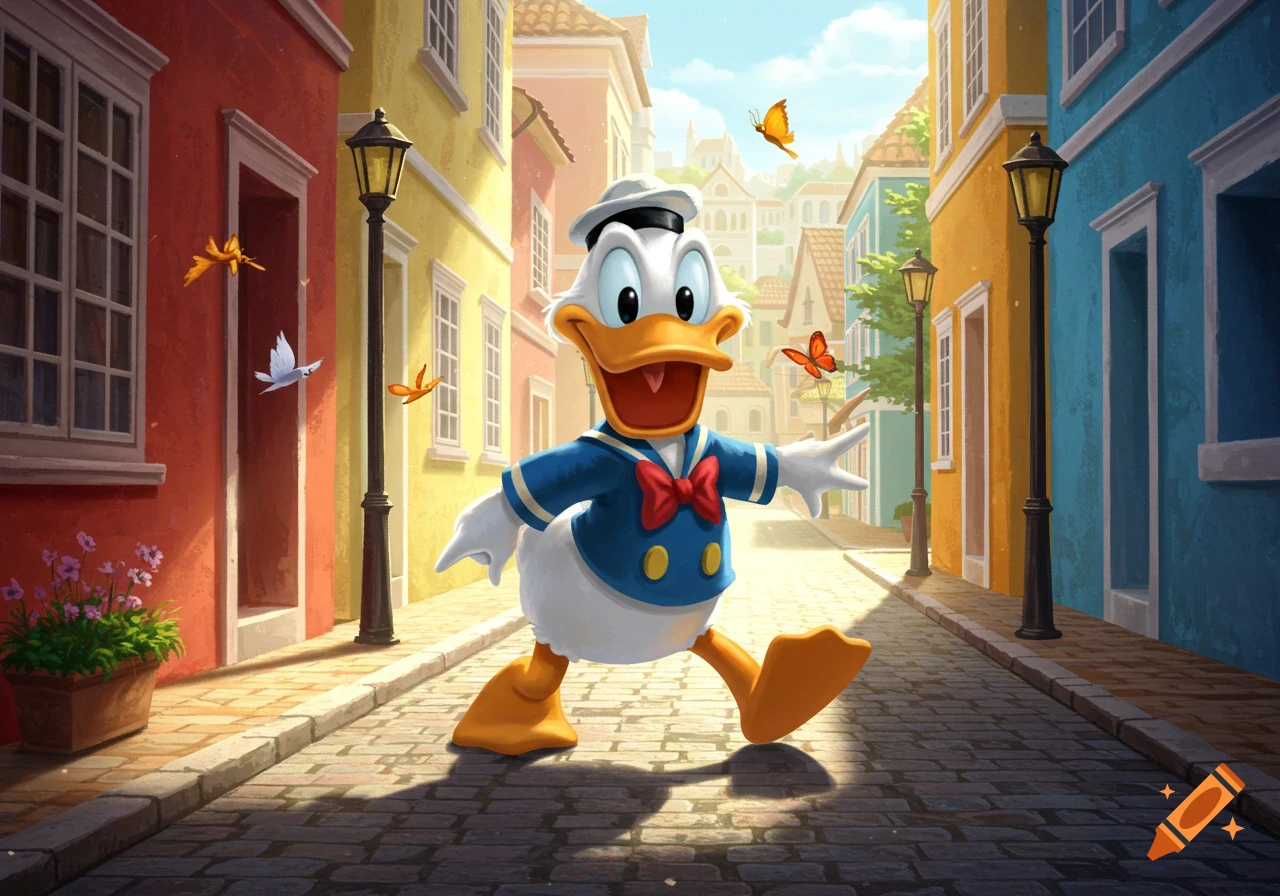Donald Duck cheerfully walks down a cobblestone street in a colorful cartoon town with buildings and flying butterflies.