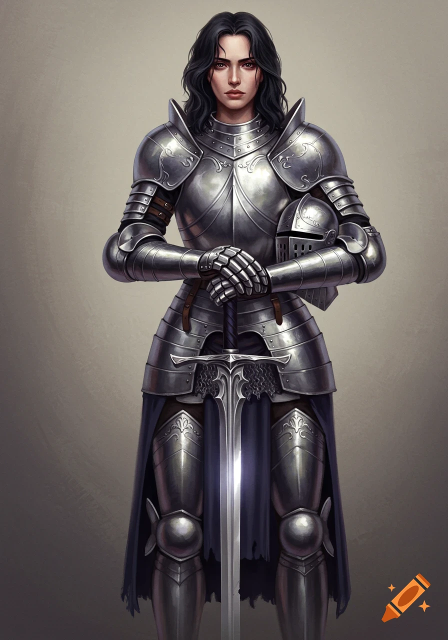 A dark-haired woman knight in shining full plate armor, holding a sword and helmet, against a neutral background. Digital art style.