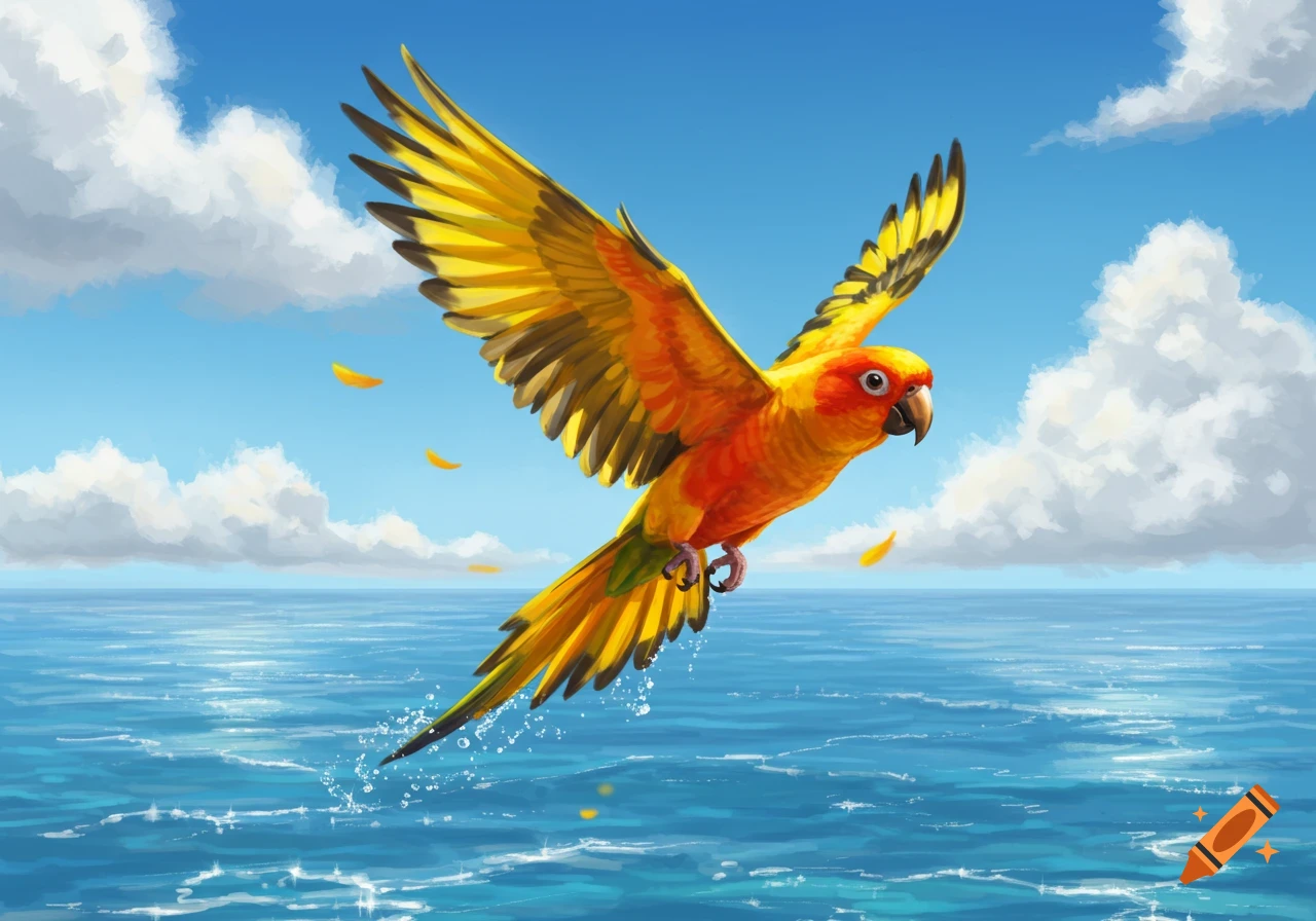 A vibrant yellow and orange sun conure flies low over a bright blue ocean with water splashing beneath it, under a clear sky with white clouds.
