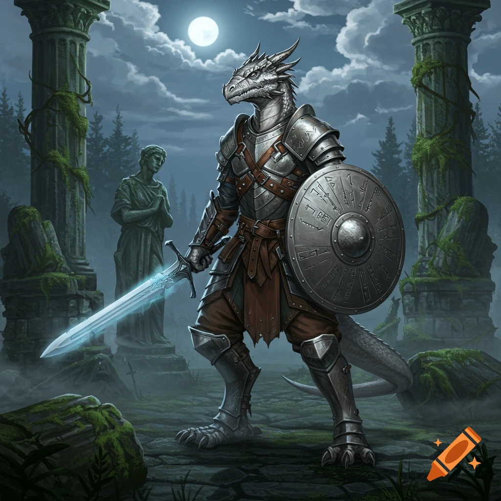 A silver dragonborn fighter in armor holds a glowing sword and shield in moonlit ancient ruins.