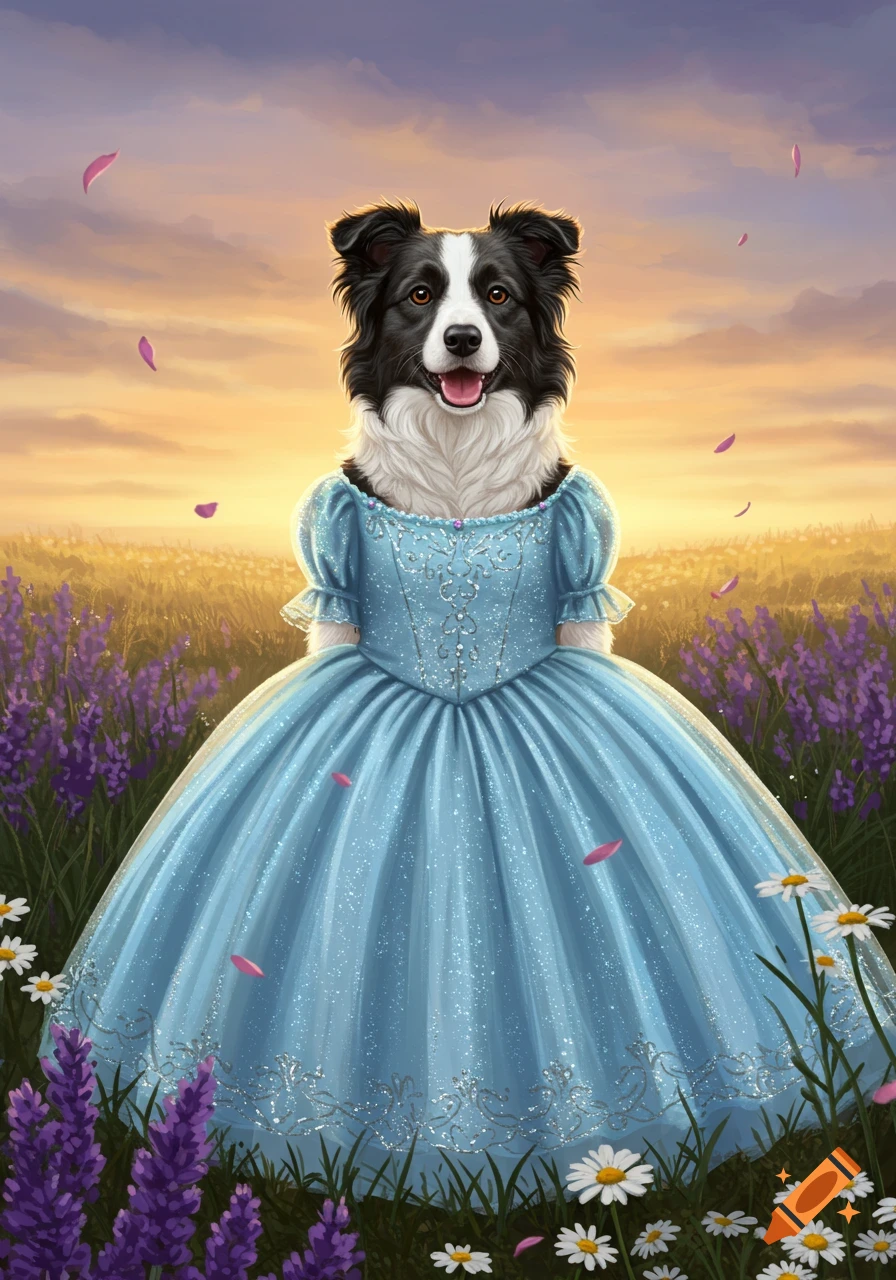 A border collie dog wearing a blue princess dress stands in a field of lavender and daisies under a sunset sky with falling petals.