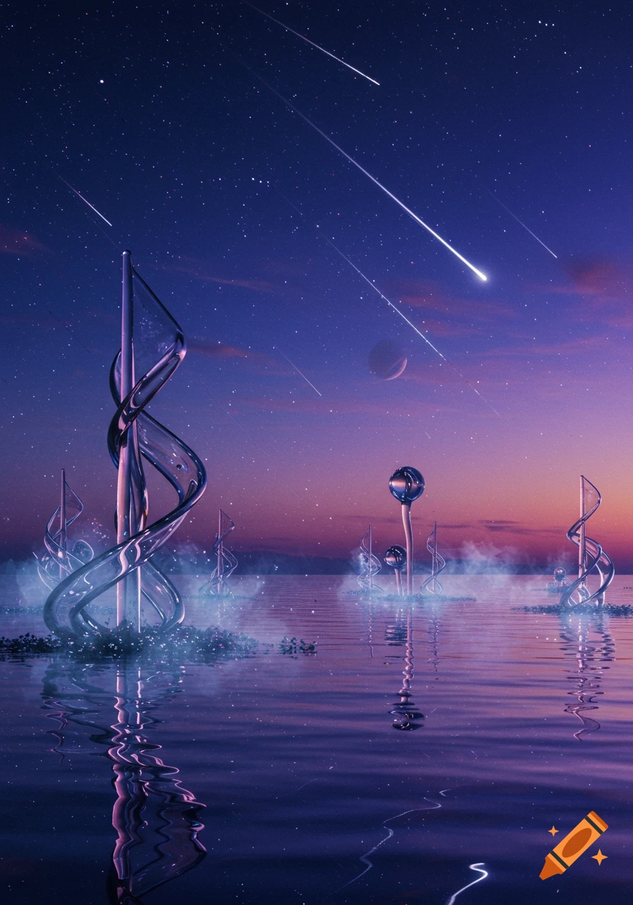 A surreal purple and blue night landscape with shooting stars, a distant planet, and glowing abstract glass structures rising from water.