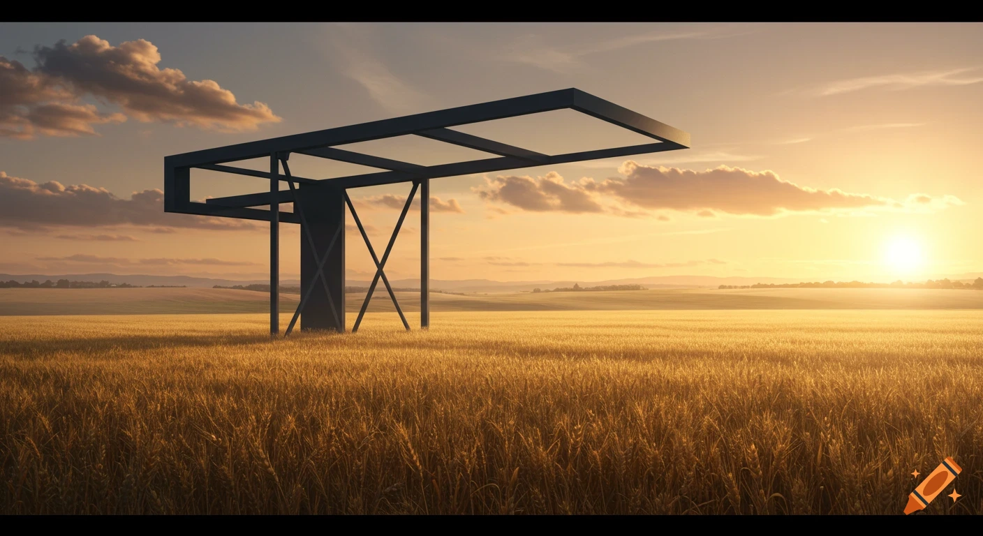 A large, dark, rectangular structure with support beams stands in a golden wheat field at sunset, with rolling hills in the distance.