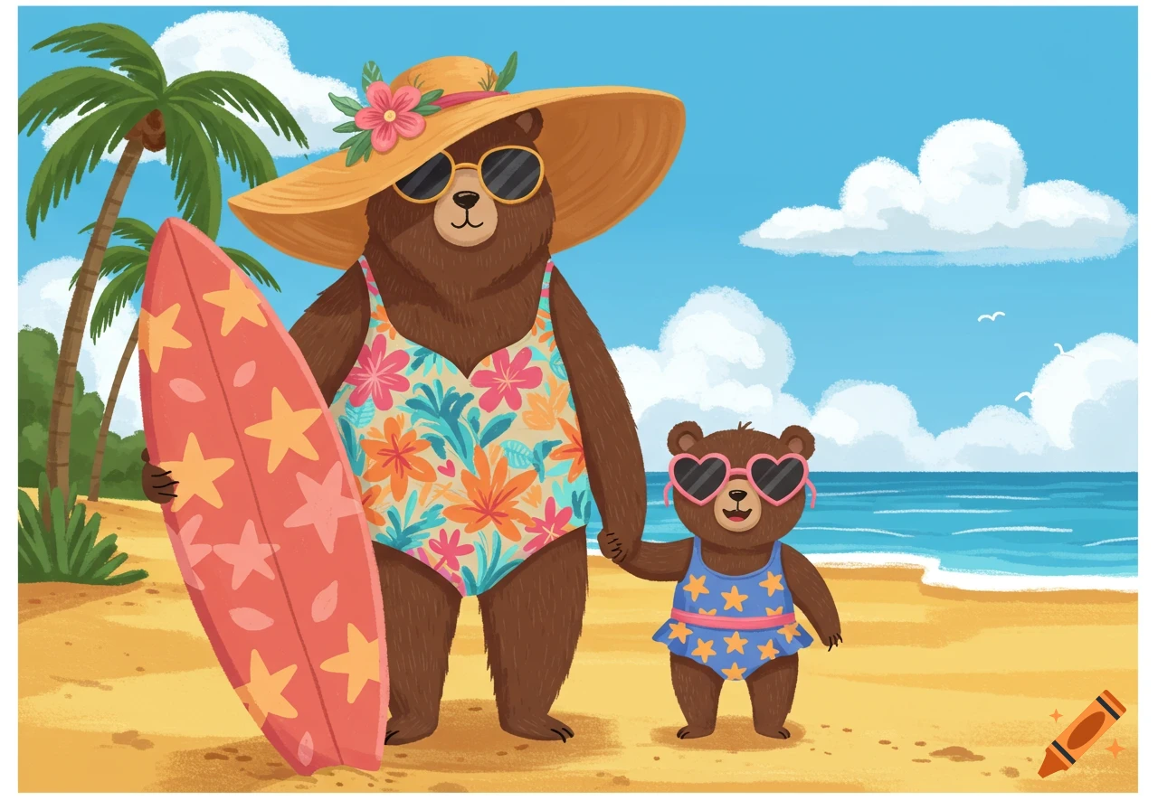 A cartoon mother and daughter bear in swimsuits and sunglasses, holding a surfboard on a sunny beach with palm trees.