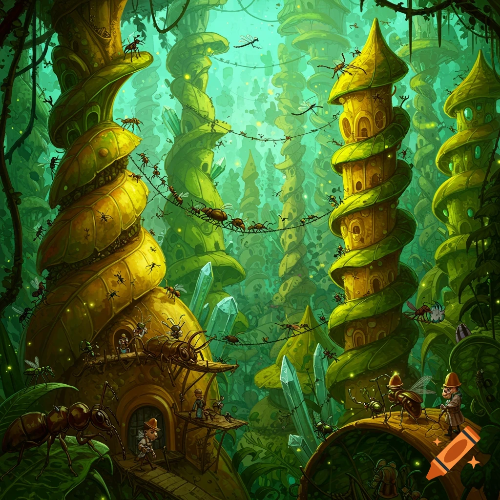 A whimsical, detailed fantasy illustration of a vibrant bug city built into giant green and yellow swirling plants, with ants and other insects moving about.