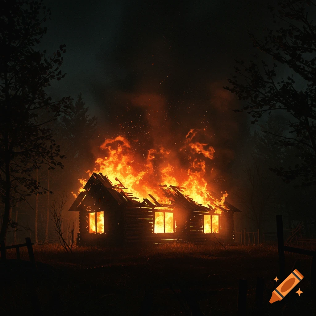 A dilapidated wooden house is engulfed in bright flames at night, surrounded by dark trees and grass.
