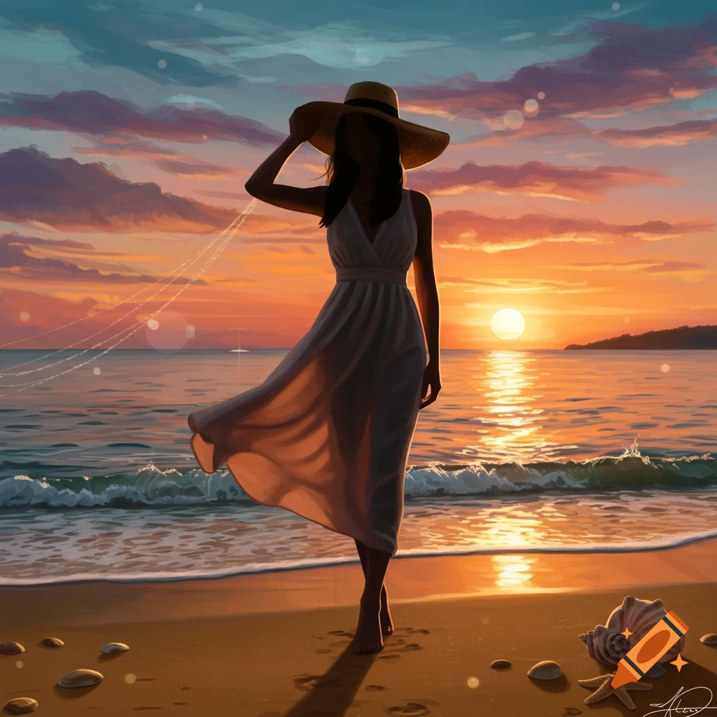 Digital painting of a woman in a white dress and hat standing on a beach at sunset, with seashells on the sand.