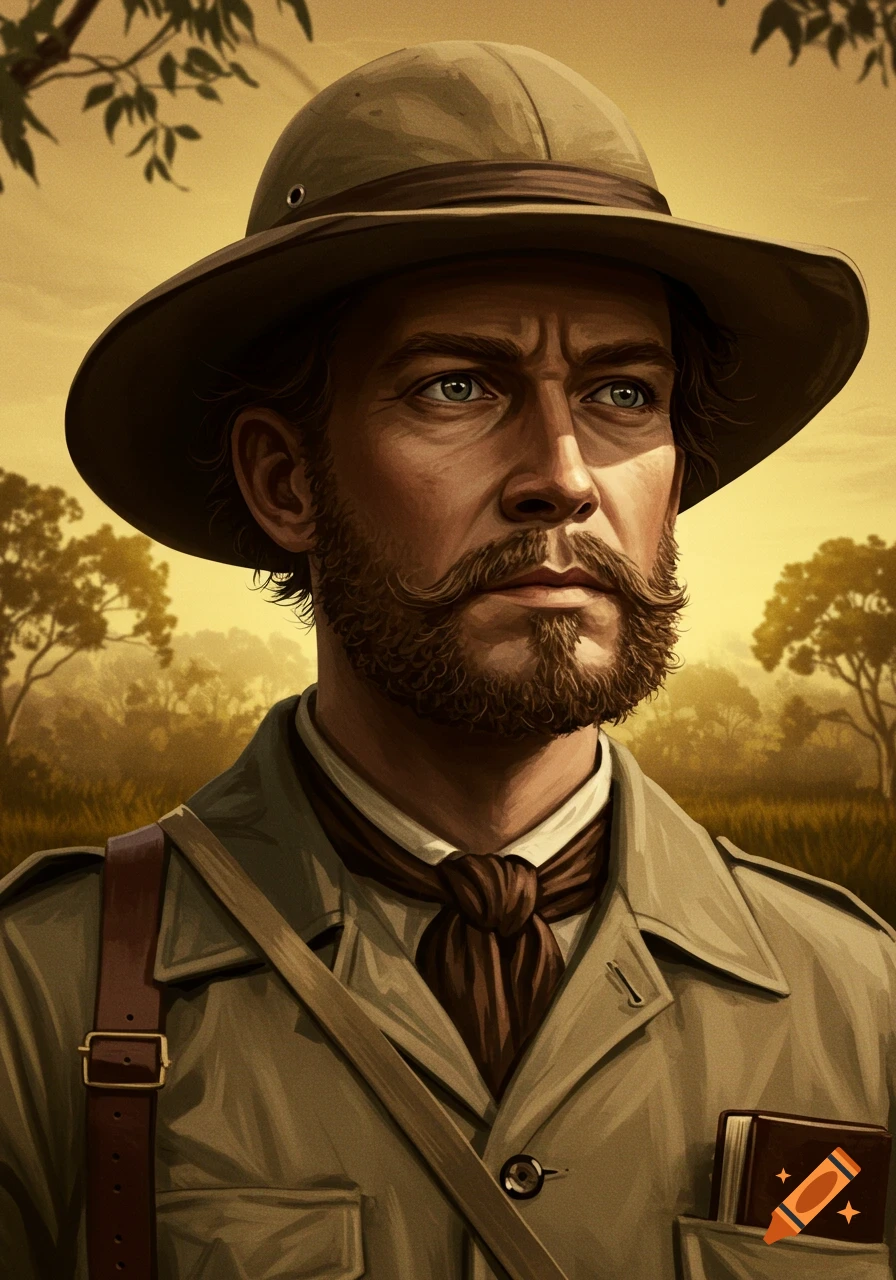 Portrait of a bearded man in an explorer's hat and coat, with a savanna-like background.