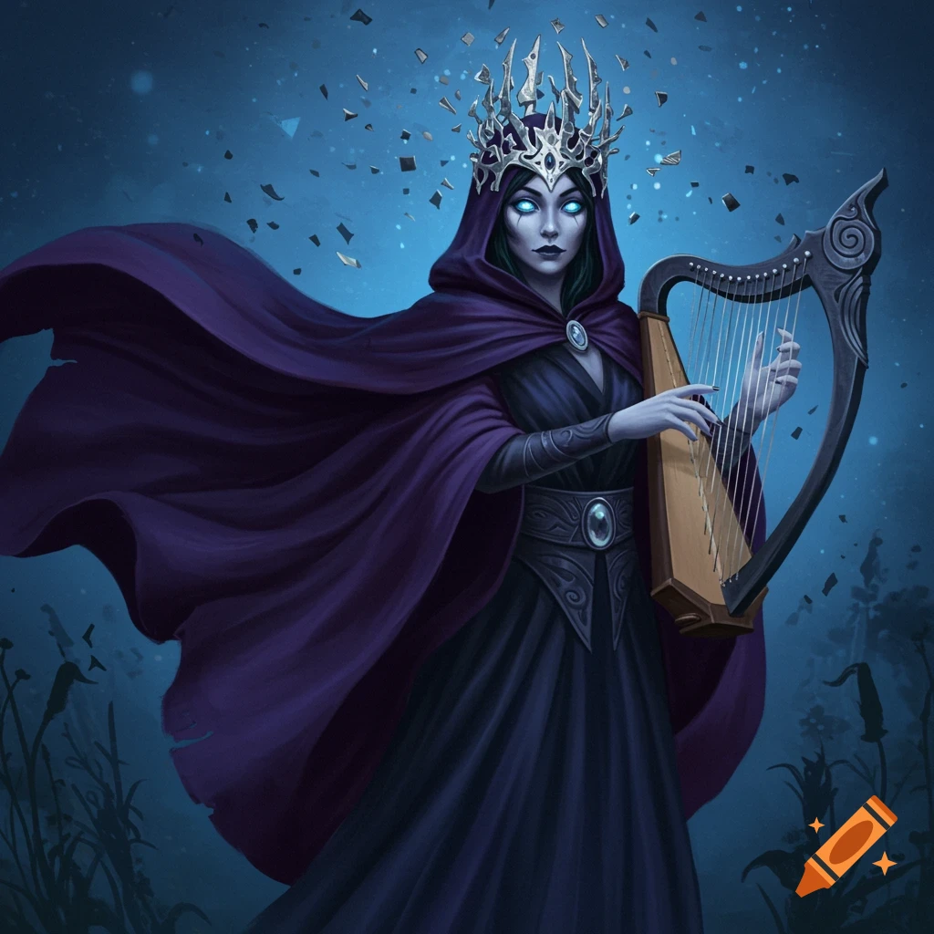 A dark fantasy queen in a violet cloak and silver crown with glowing blue eyes plays a harp. The background is dark blue with subtle plant silhouettes.