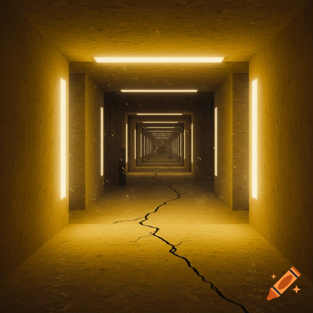 An endless, desolate yellow-textured corridor lit by fluorescent tubes, with a large crack on the floor and floating particles.