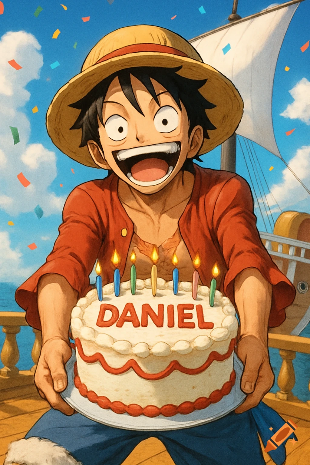 Luffy from One Piece in anime style holding a birthday cake with 'Daniel' written on it, on a ship with confetti.