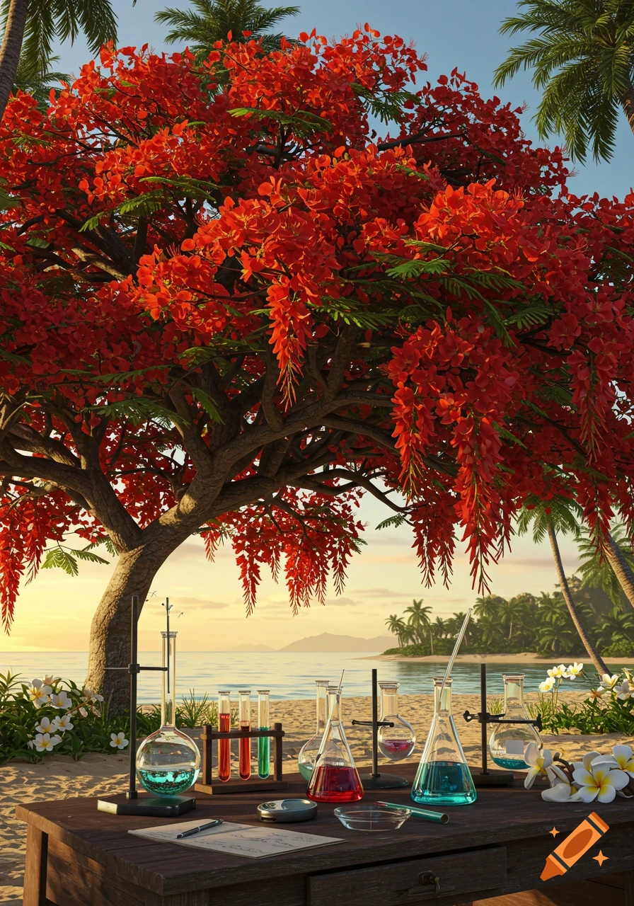 Photorealistic image of a vibrant red-flowered tree over a beach with lab equipment on a table, sunset ocean, and palm trees.