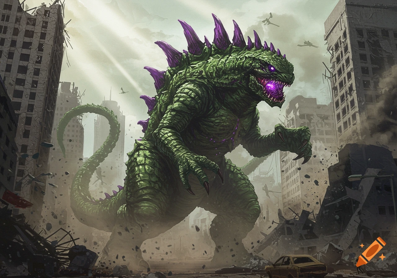 A massive green, scaly monster with purple spikes and glowing eyes rampages through a crumbling city under a hazy sky.
