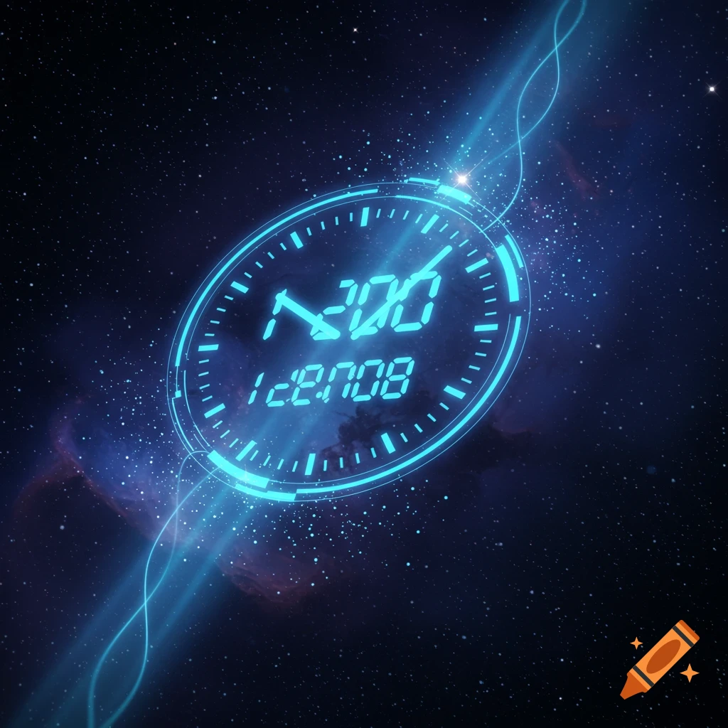 A glowing blue digital clock face with numbers 12:00 and 12:20:08, set against a dark starry space background with nebulae and light streaks.