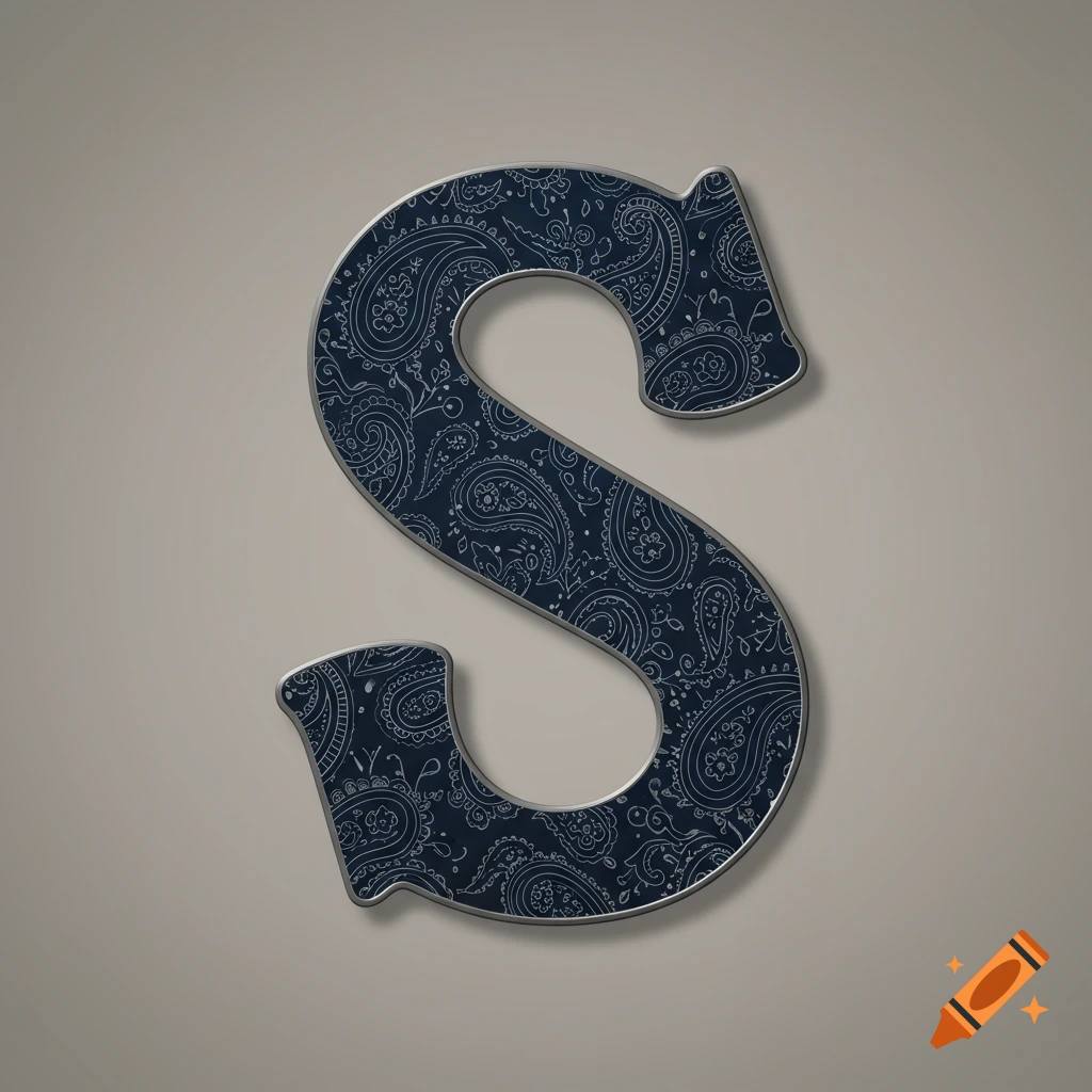 A dark blue capital letter S with a white paisley pattern, outlined in silver, on a light grey background.