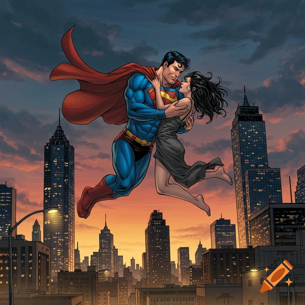 Superman flies through a city skyline at sunset, holding a woman in his arms. Comic art style.
