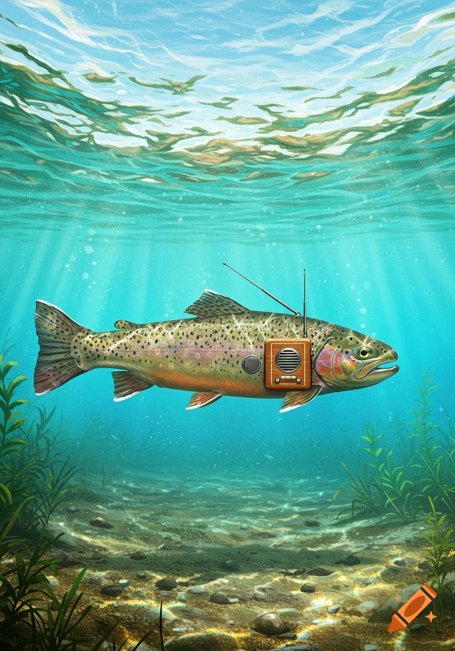 A trout with a wooden radio attached to its side swims underwater, with sunlight rays shining through the clear blue water.
