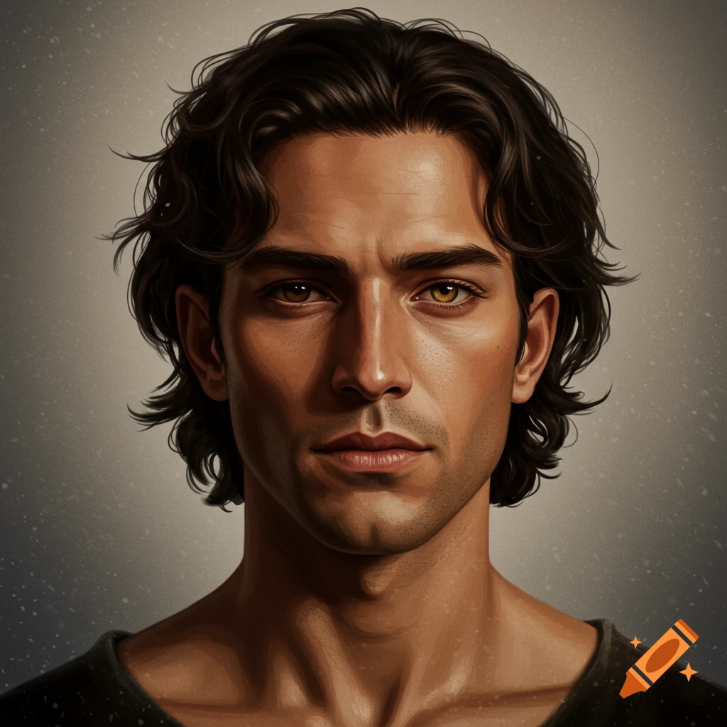 A digital painting portrait of a man with dark wavy hair, brown skin, and heterochromia, one eye brown and one amber.