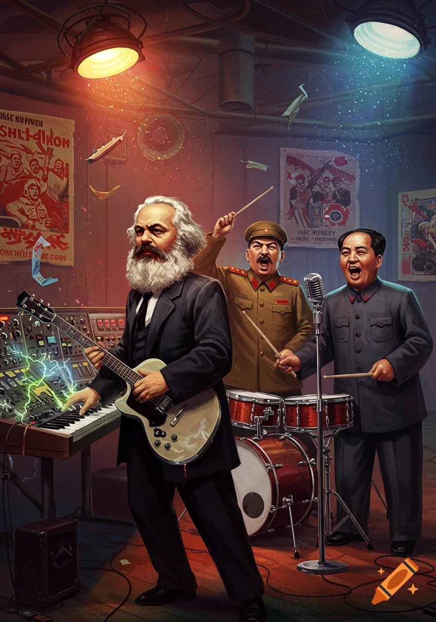 Karl Marx, Joseph Stalin, and Mao Zedong performing as a band in a grunge-style room with propaganda posters.