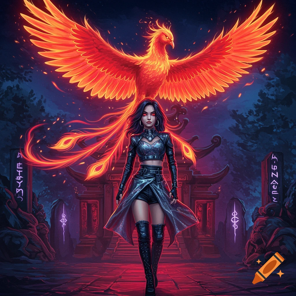 A woman with red eyes and black hair in a dark outfit, standing in front of a glowing red phoenix with outstretched wings in a fantasy setting.