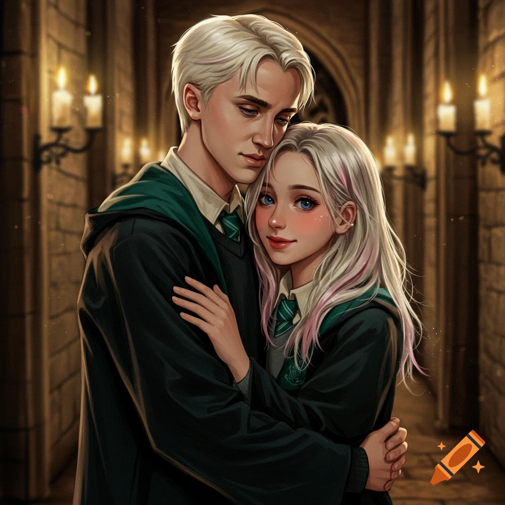 An illustration of Draco Malfoy embracing his girlfriend in a castle hallway. He has white hair and blue eyes. She has long white hair with pink highlights and blue eyes. Both wear green and black robes.