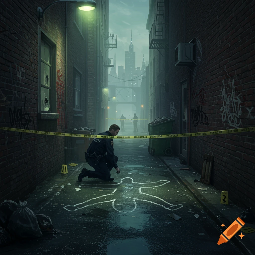 A detective kneels by a chalk outline in a dark, wet city alley crime scene with police tape and distant skyscrapers.