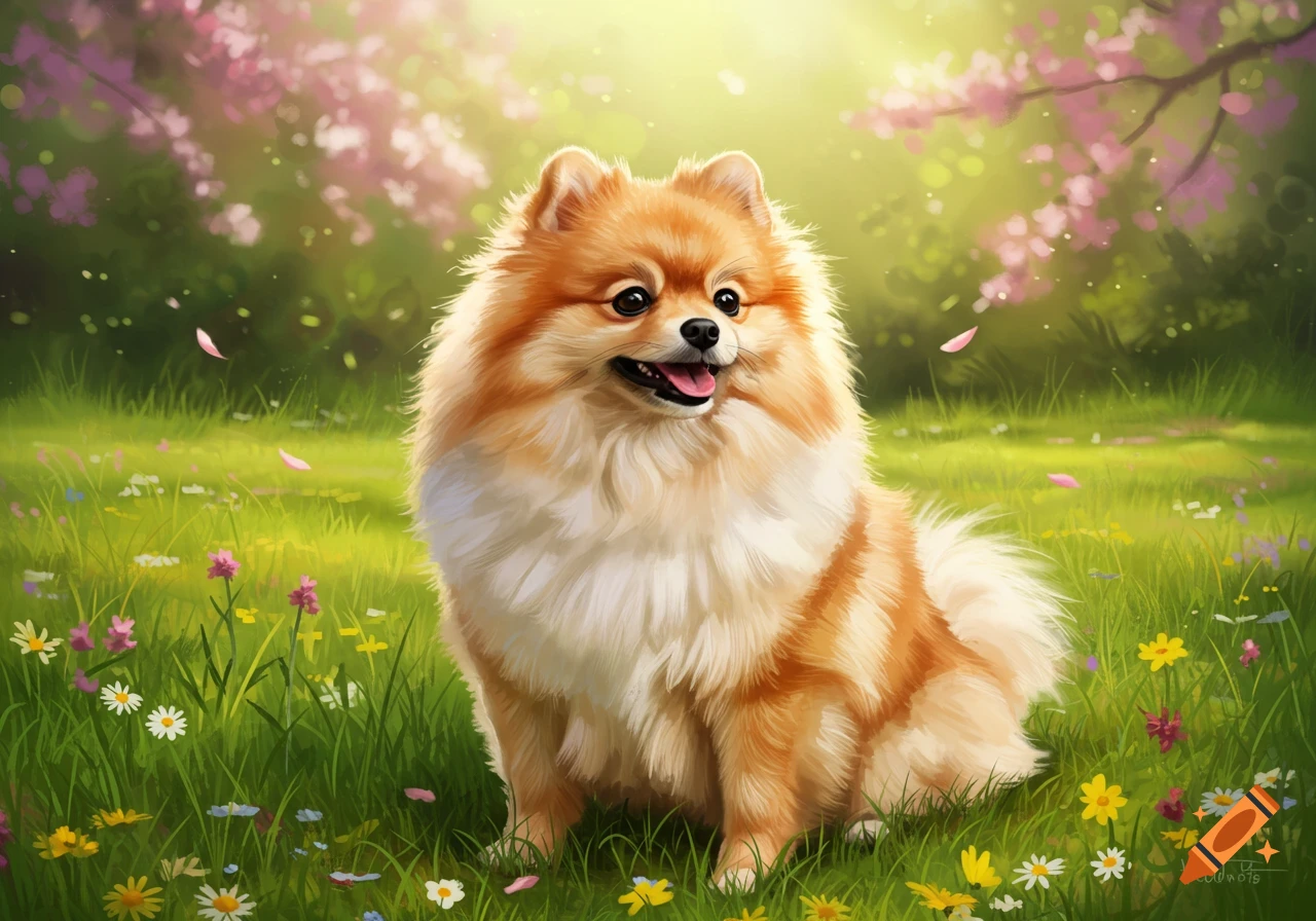 A fluffy Pomeranian dog sits in a vibrant green field filled with wildflowers and pink blossoms under a bright, sunlit sky.